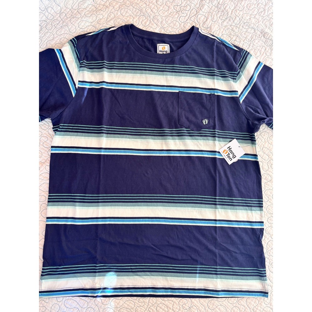 Hang Ten Mens Radical Striped Pocket Tee Shirt Navy Blue White Size Large